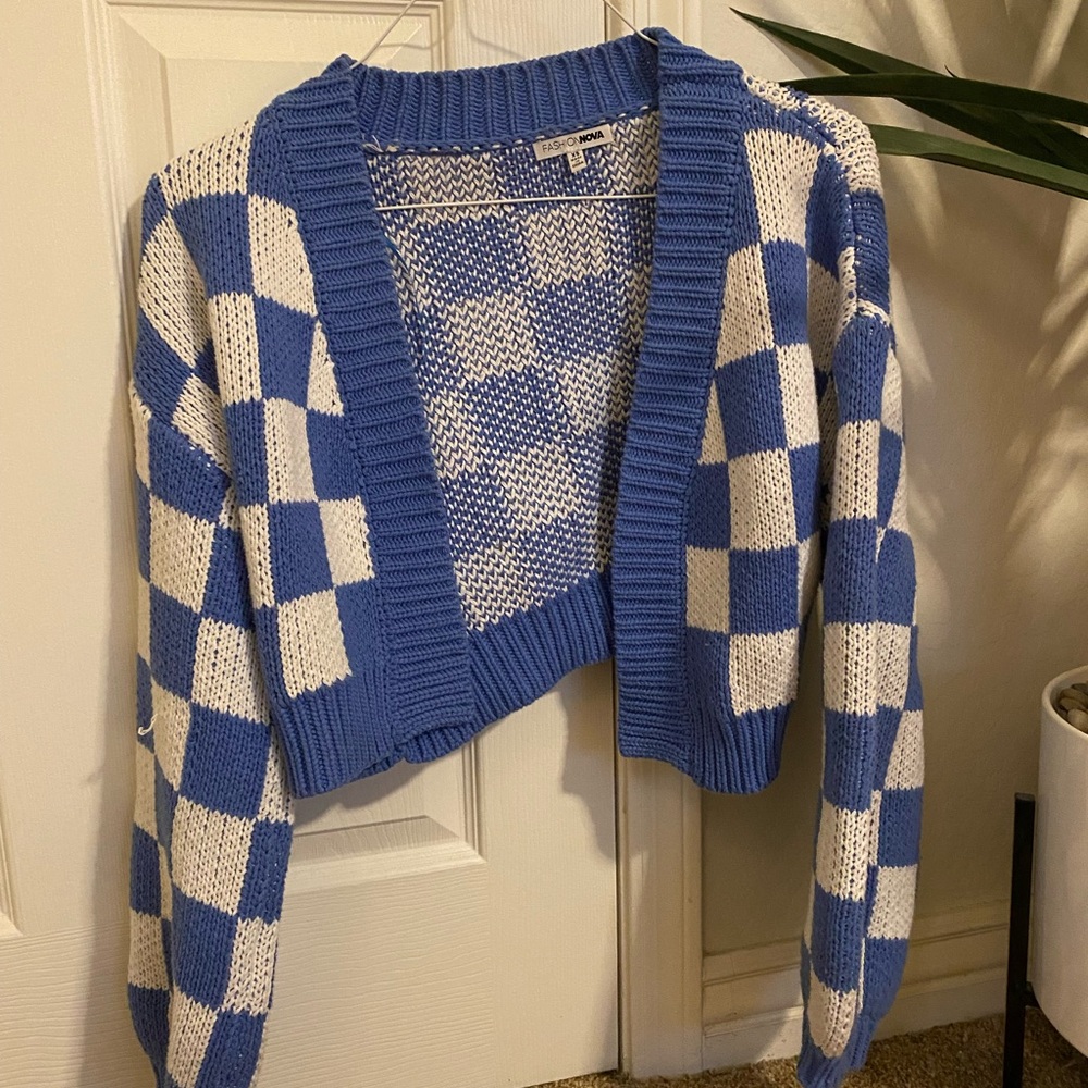 Fashion Nova Blue and White Checkered Cardigan